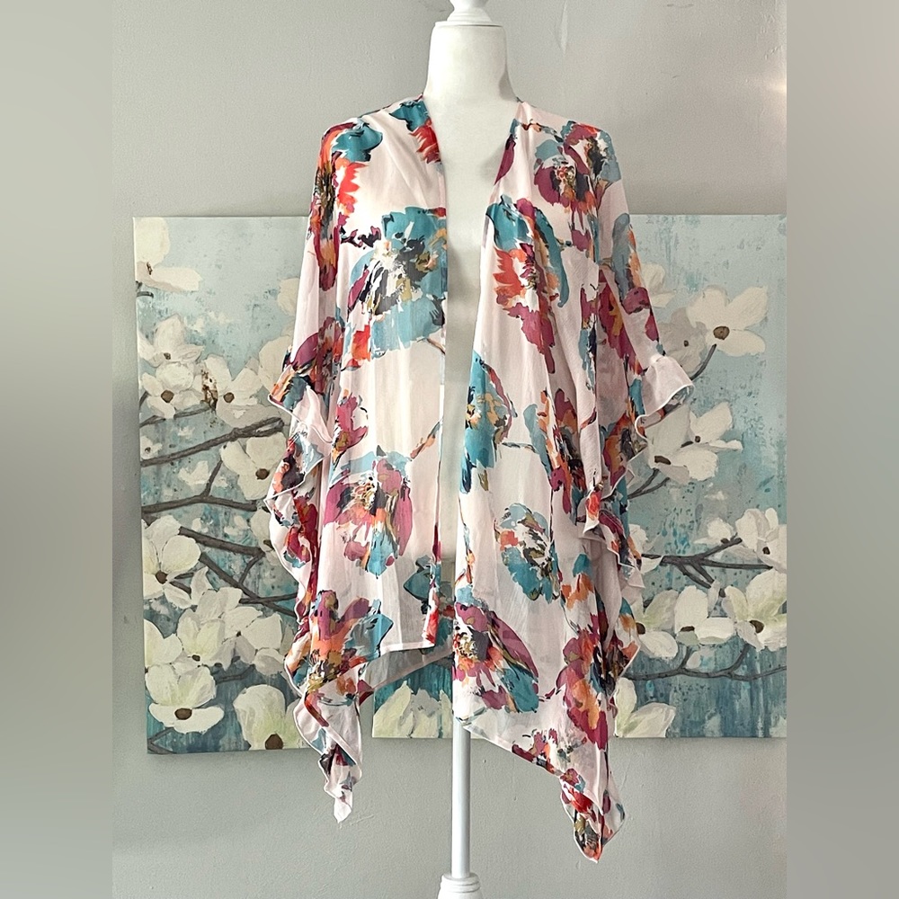 Motherhood Maternity Floral Spring Ruffle Poncho Kimono